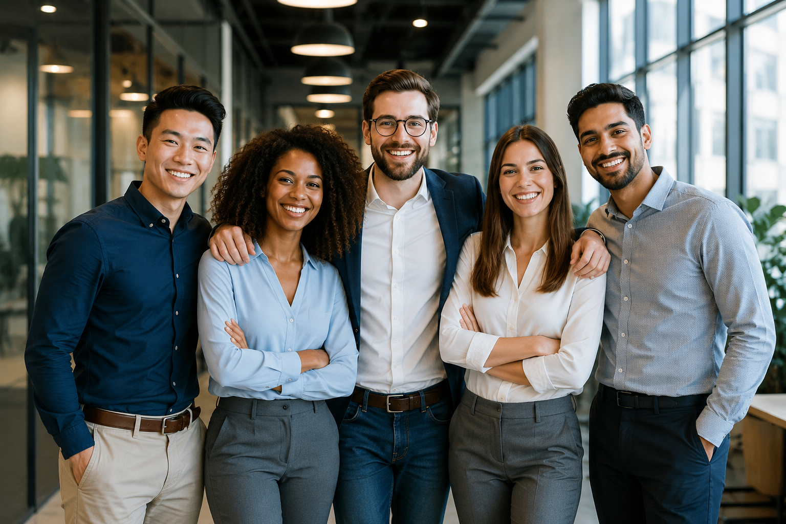A diverse team of professionals standing together in a modern office, representing teamwork, encouragement, and shared purpose.