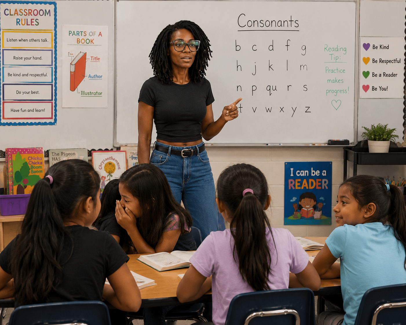 A young teacher leading a classroom reading lesson on consonants while students talk and participate at a table.