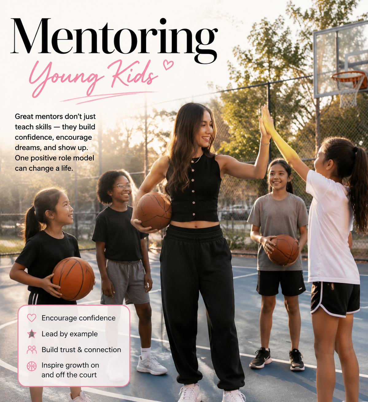A mentor volunteer on a basketball court high-fiving children and encouraging confidence through play.